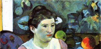 Portrait of woman against the Cezanne’s still life with apples Gauguin - Portret kobiety na tle martwej natury Cezanne'a z jabłkami