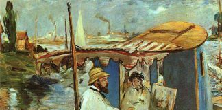 Monet in his floating studio Monet w swojej pływającej pracowni.